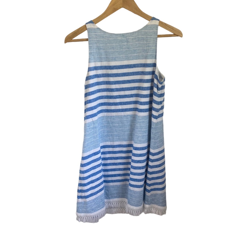 Vineyard Vines | Linen Dress Blue and White Stripes Size 2 Fringe Hem - Picture 3 of 7